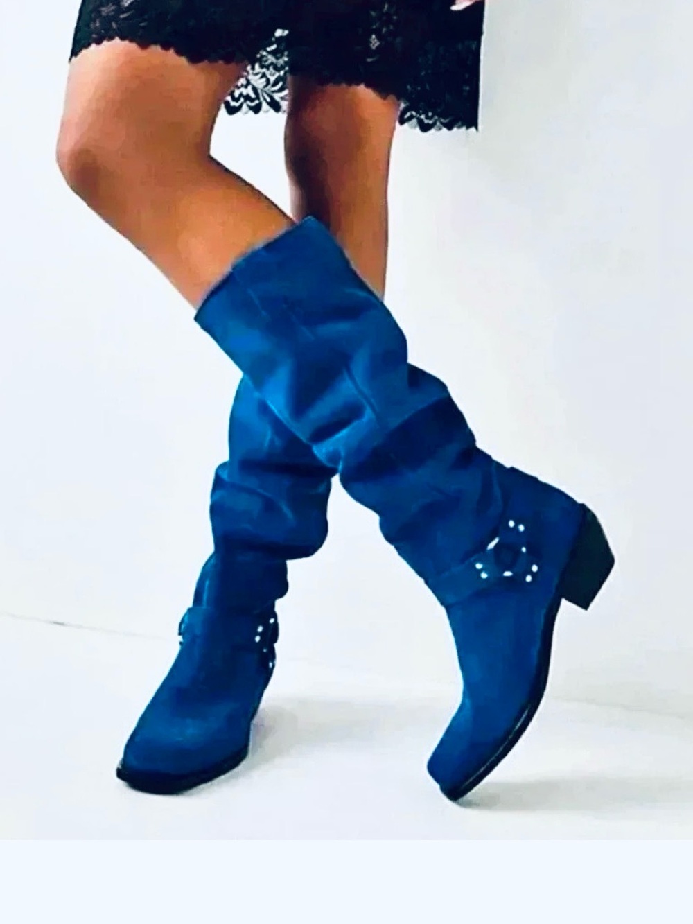 NEW Free People Lockhart Cobalt Blue Suede Boho Fall Slouchy Western Boots 8